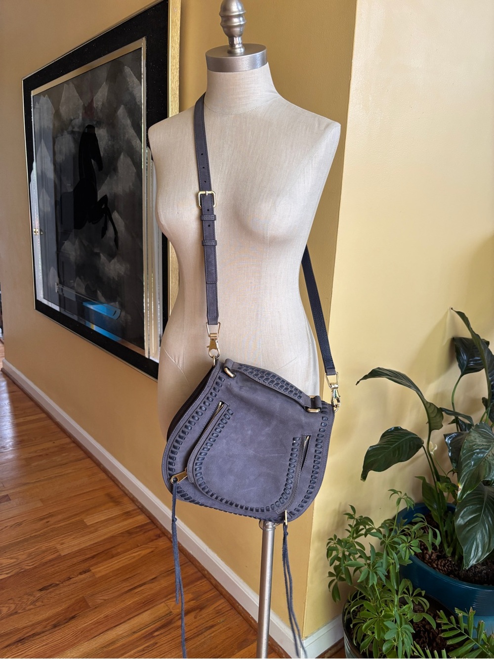 gray suede rebecca minkoff vanity saddle bag purse